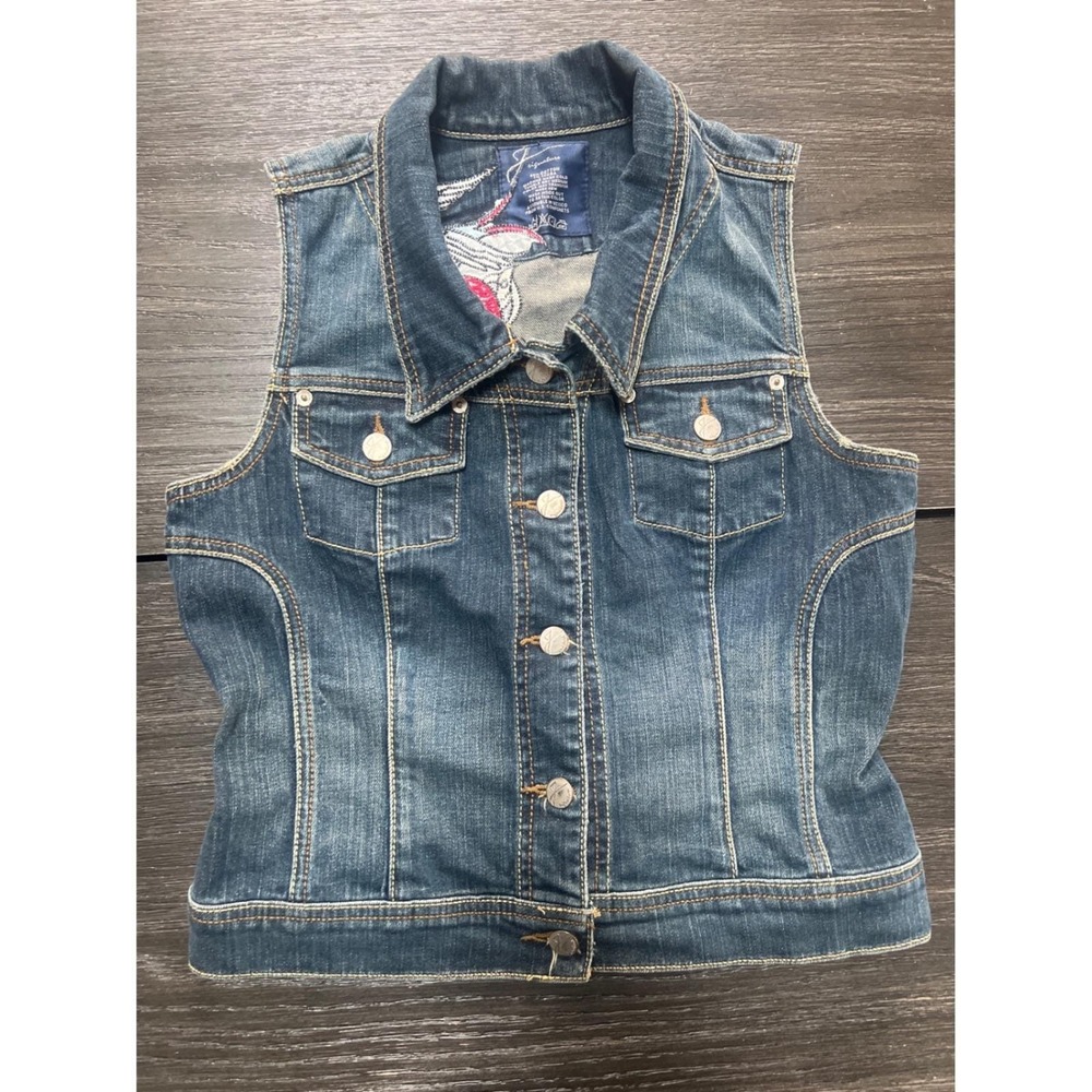 Women's Denim Vest Blue Embroidered Heart Swallow Dagger Cropped Y2K Medium VTG
